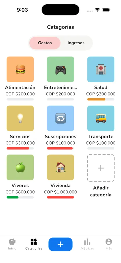 Pantalla de categorías de gastos personalizadas de SaldoApp
