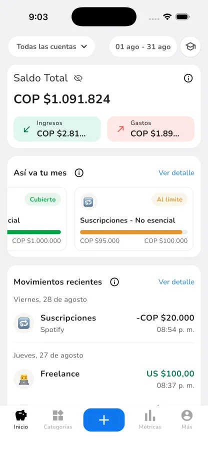 Pantalla de gestión de cuentas y saldos de SaldoApp